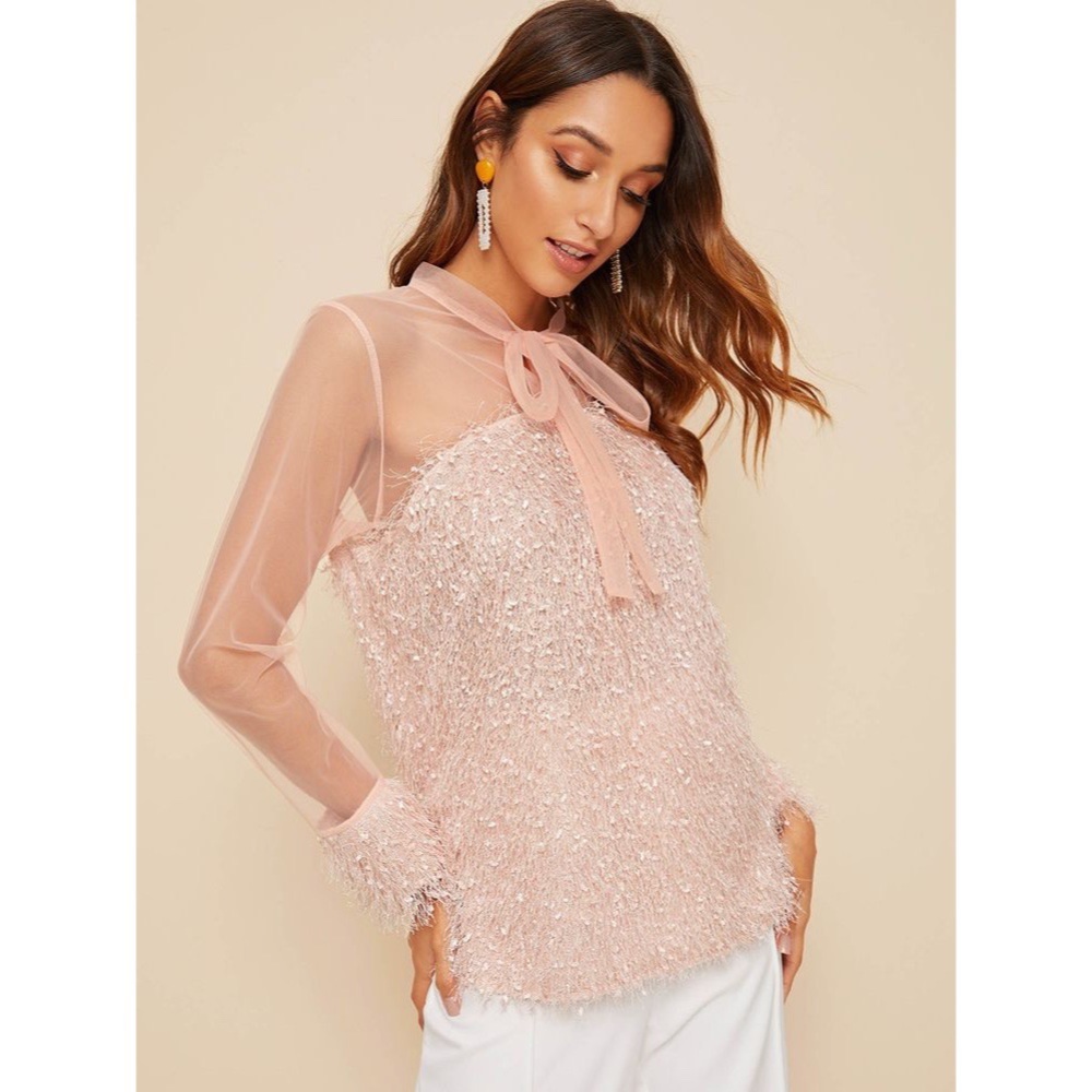 Blush Pink Contrast Mesh Tie Neck Shaggy Fringe Blouse Barbie Core